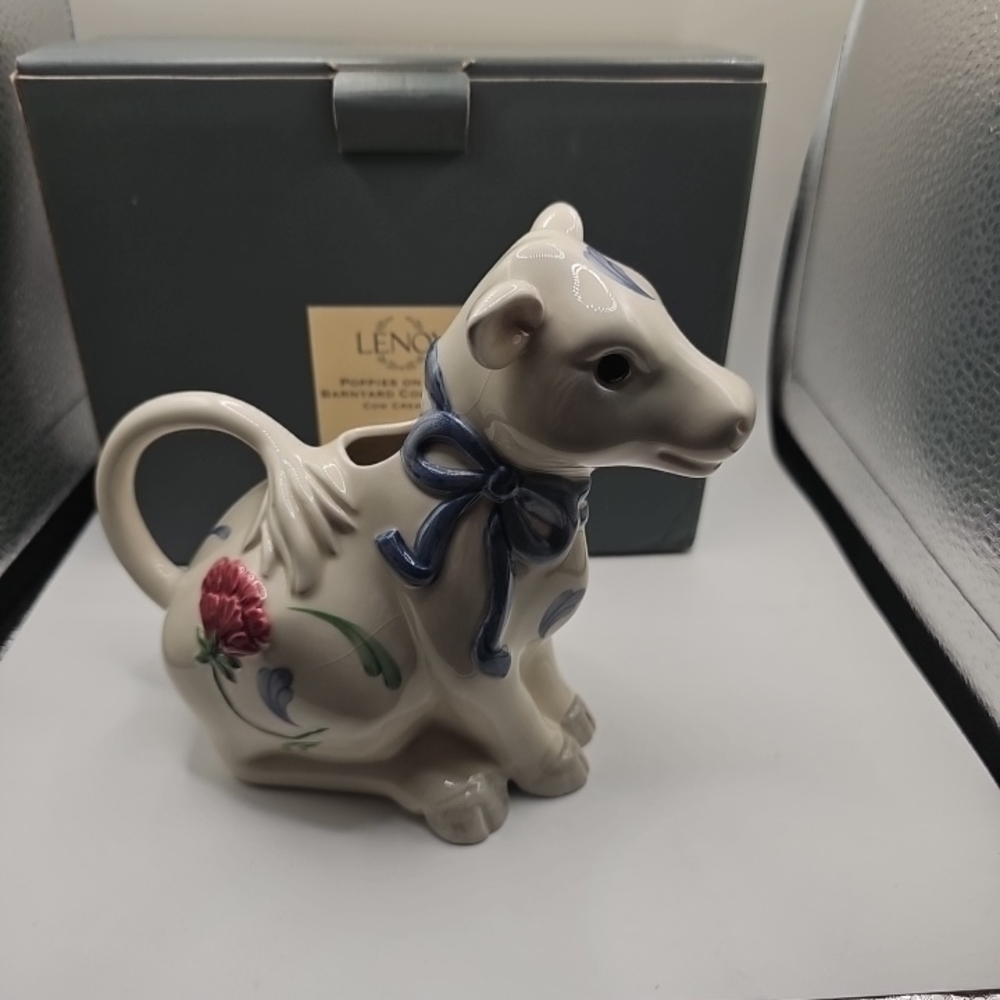 Lenox Porcelain Cow Creamer with Blue Ribbon and Floral Motif